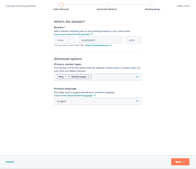 Connect hosting domain